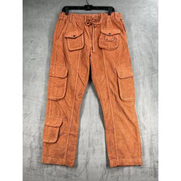 Free People Tahiti Cord Cargo Pants Pull On Drawstring Waist Size Small Orange - Picture 2 of 9
